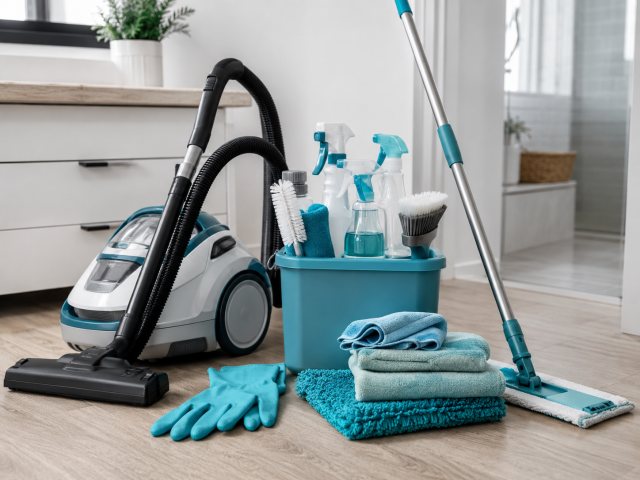 Professional cleaning crew prepared with supplies for a Twin Falls office or commercial space